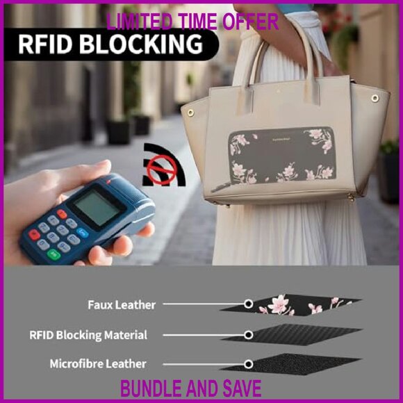 Large RFID Blocking Leather Wristlet Wallet with 10 Card Slots - Picture 6 of 8